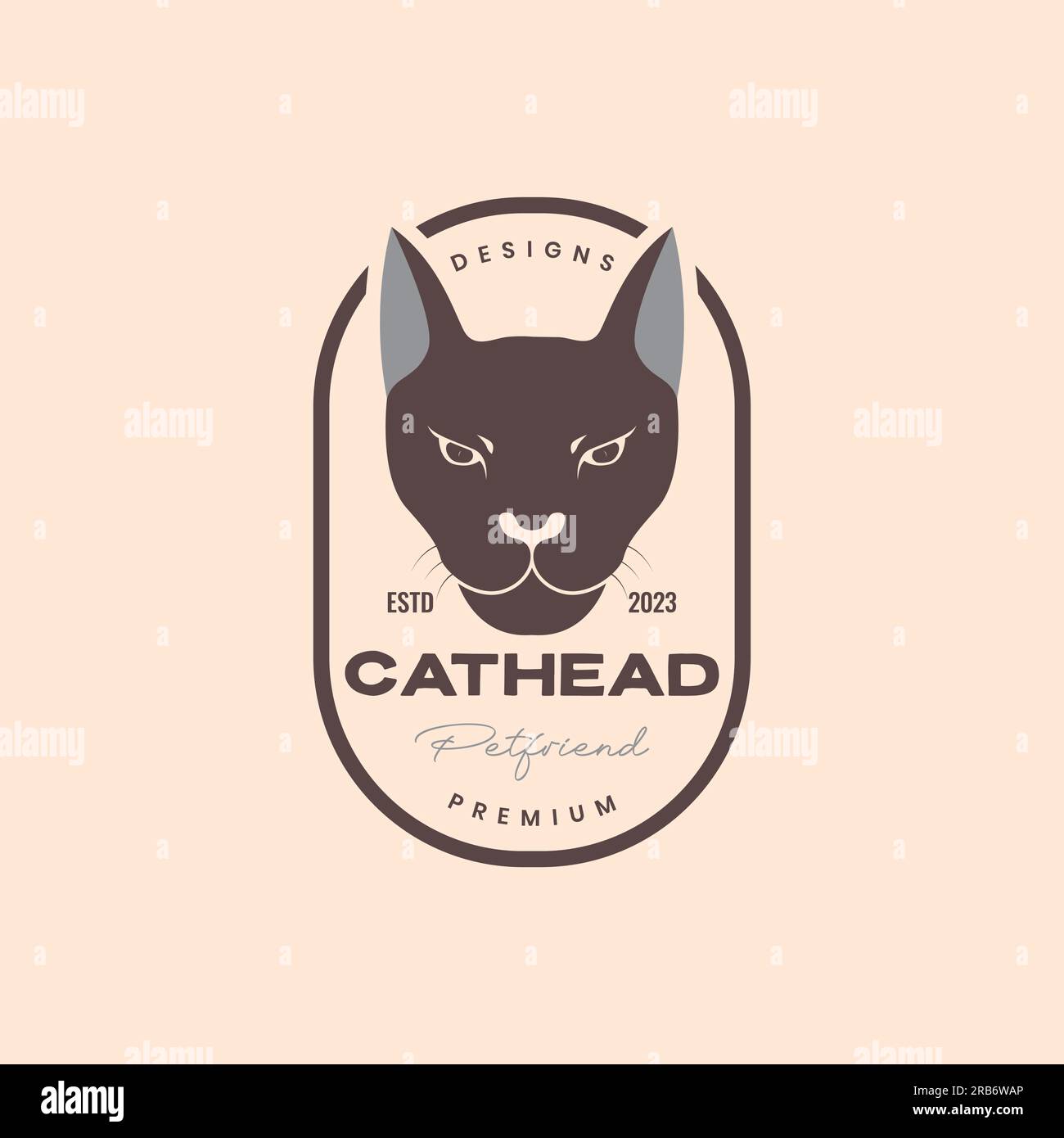 animali domestici gatto testa domestica badge vintage logo design vettore Illustrazione Vettoriale