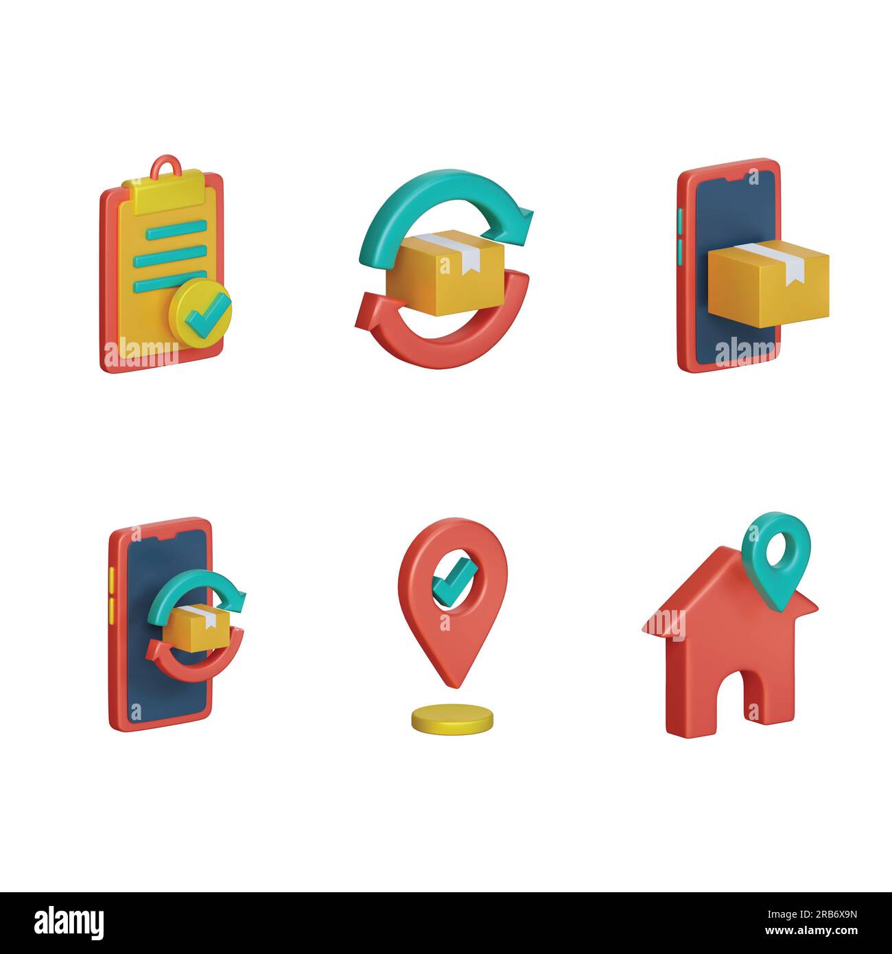 icona di notifica della consegna, icona di notifica del completamento del pacchetto, icona del pacchetto negato, protezione, ricerca, icona del pacchetto timer impostata su sfondo bianco, 3d. Foto Stock