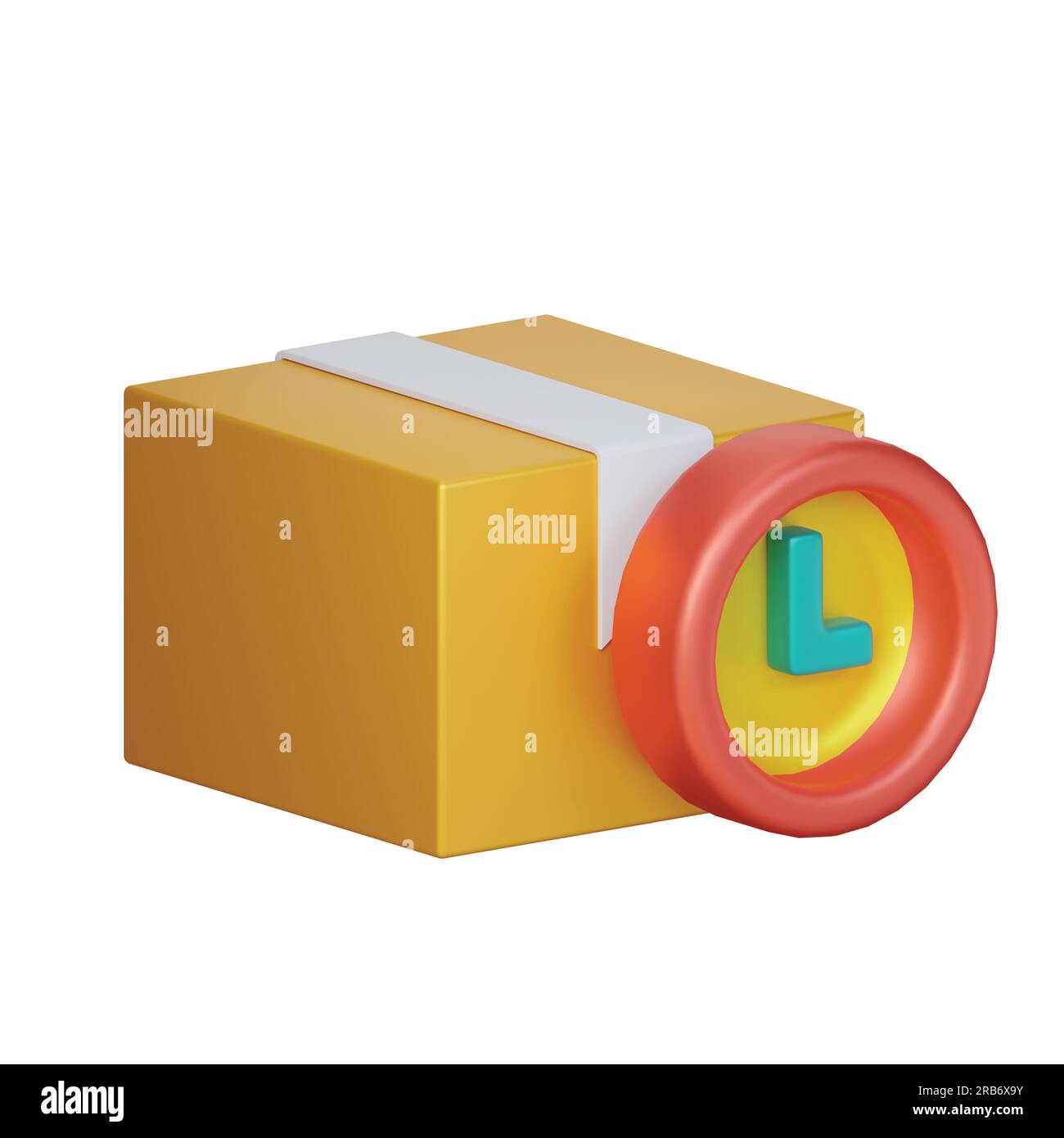 icona di notifica della consegna, icona di notifica del completamento del pacchetto, icona del pacchetto negato, protezione, ricerca, icona del pacchetto timer impostata su sfondo bianco, 3d. Foto Stock