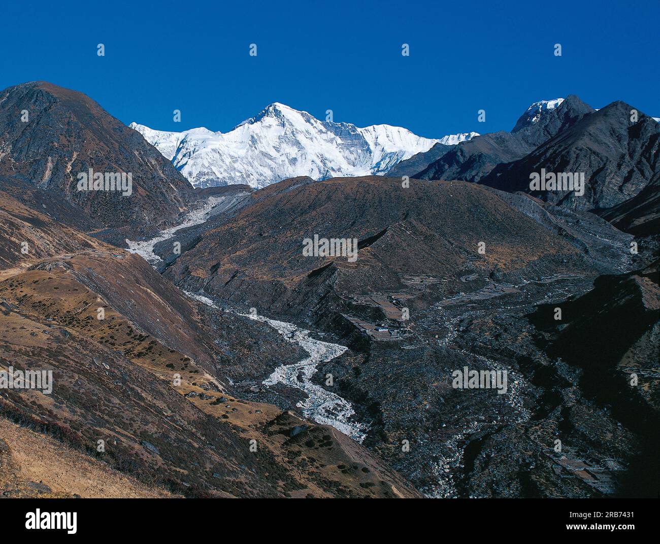 Bellissimi ruscelli di montagna con il monte Cho Oyu sullo sfondo visto da Monjo (regione dell'Everest), Solukhumbu, Nepal Foto Stock