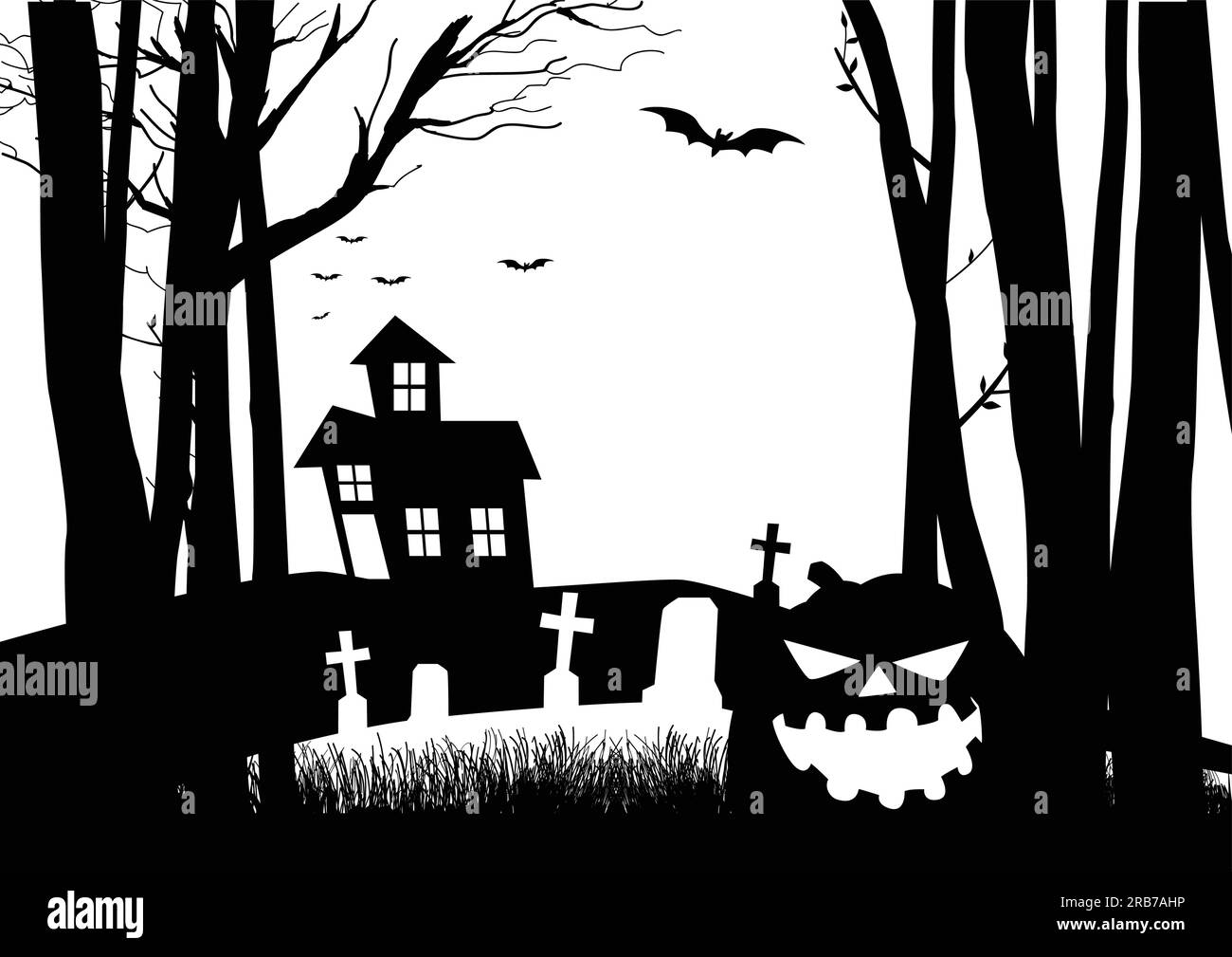 Illustrazione grafica in bianco e nero di una casa spaventosa e cimitero nei boschi, per tema o sfondo di Halloween Illustrazione Vettoriale