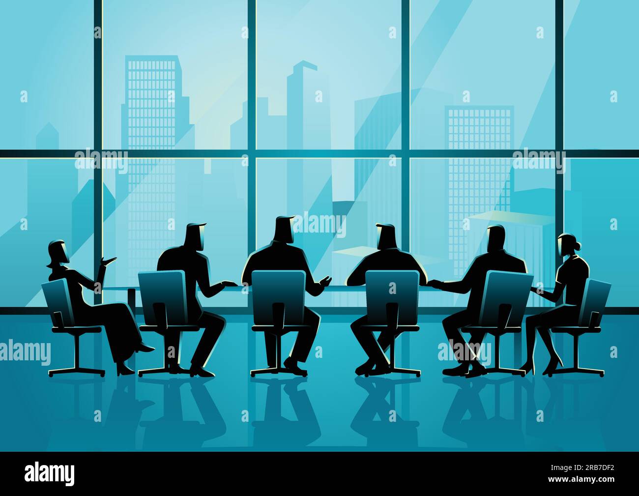 Illustrazione di affari della gente che ha una riunione nella sala di conferenza esecutiva con il paesaggio urbano come sfondo Illustrazione Vettoriale