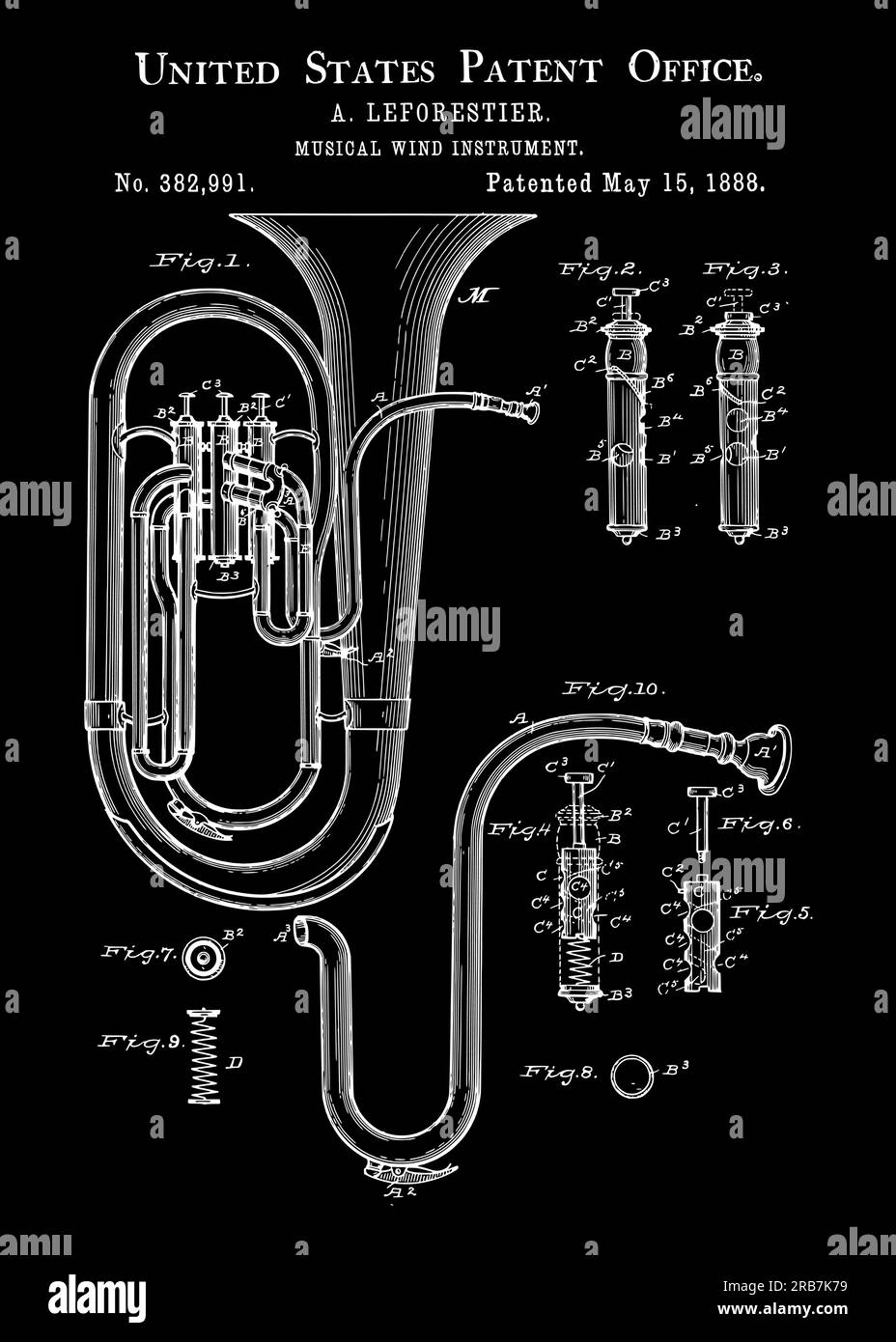 Antica stampa tuba – 1888 brevetto – la tuba è uno strumento in ottone, originario del XIX secolo, da allora la tuba è diventata un punto fermo nelle orchestre A. Illustrazione Vettoriale