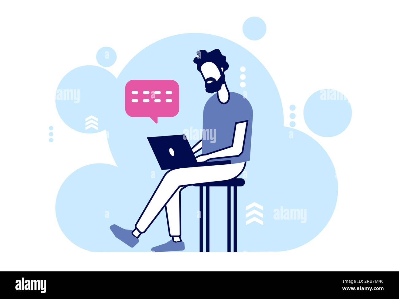 Vettore di un giovane barba che chiacchiera sul suo computer portatile Illustrazione Vettoriale