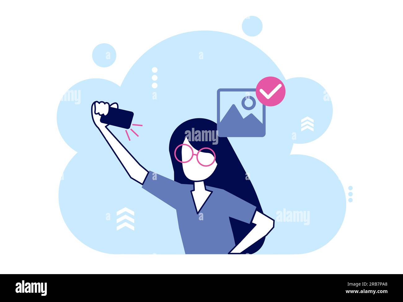 Vettore di una giovane donna che fa un selfie con il suo cellulare Illustrazione Vettoriale