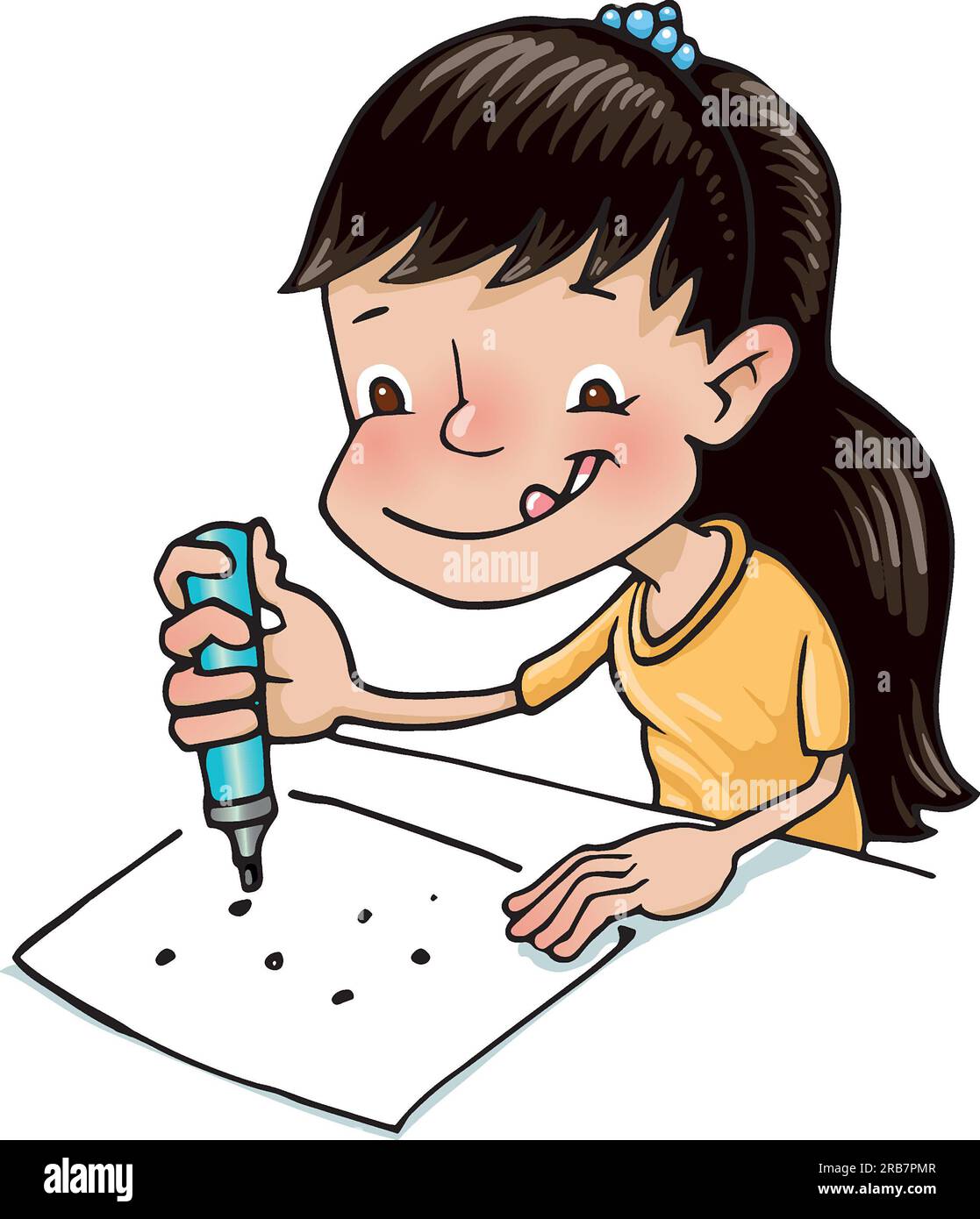 Arte della ragazza che gioca con un puzzle a punti, illustrazione educativa, coordinazione occhio-mano, controllo penna, sviluppo bambino, imparare a scrivere Foto Stock
