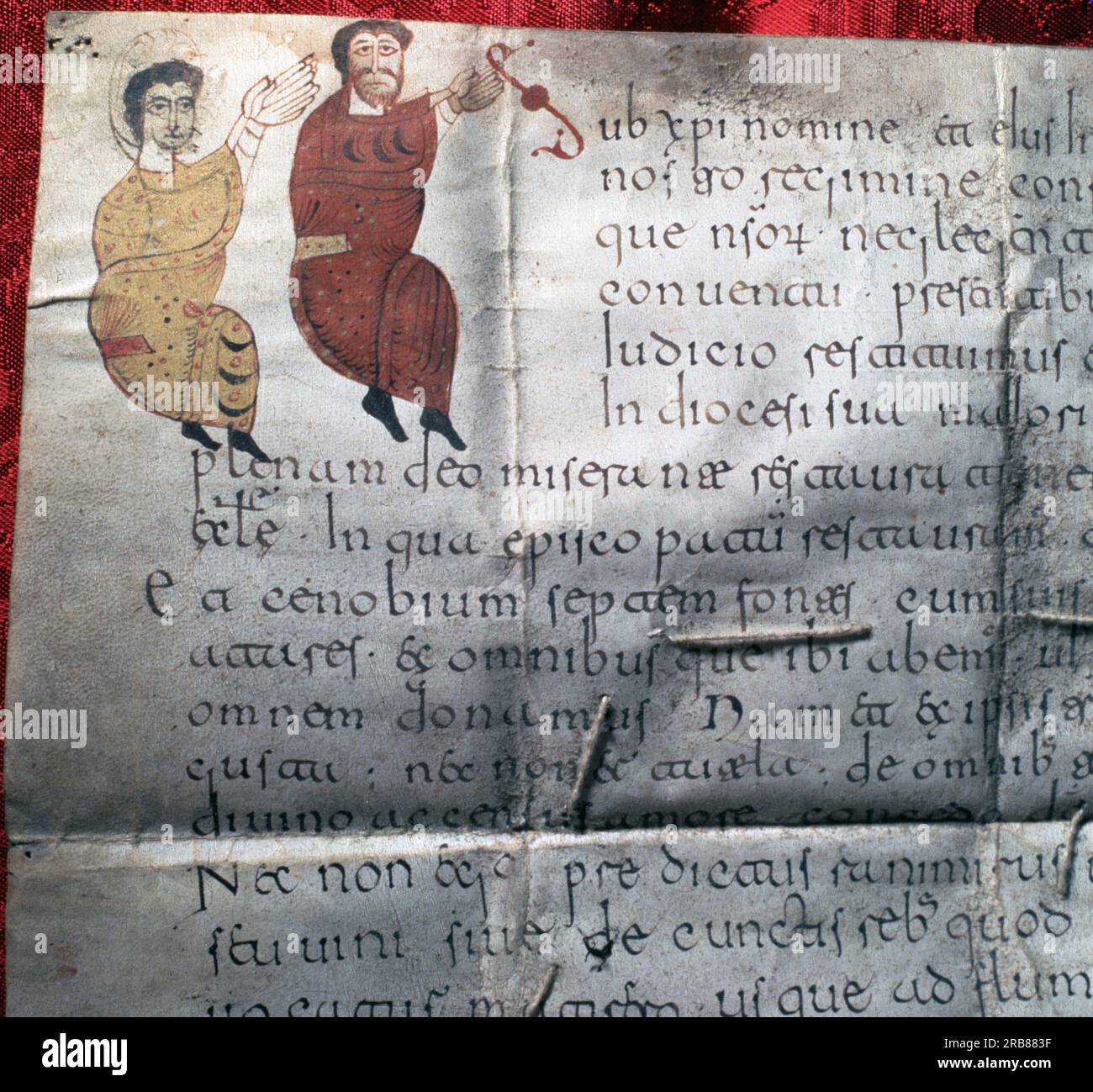 RAMIRO I.. REY DE ARAGON. 1010-1063. SANCHO RAMIREZ. REY DE ARAGON EN 1063. DETALLE DEL ACTA CONCILIO DE JACA, SIGLO XII MUSEO DIOCESANO DE HUESCA. Foto Stock