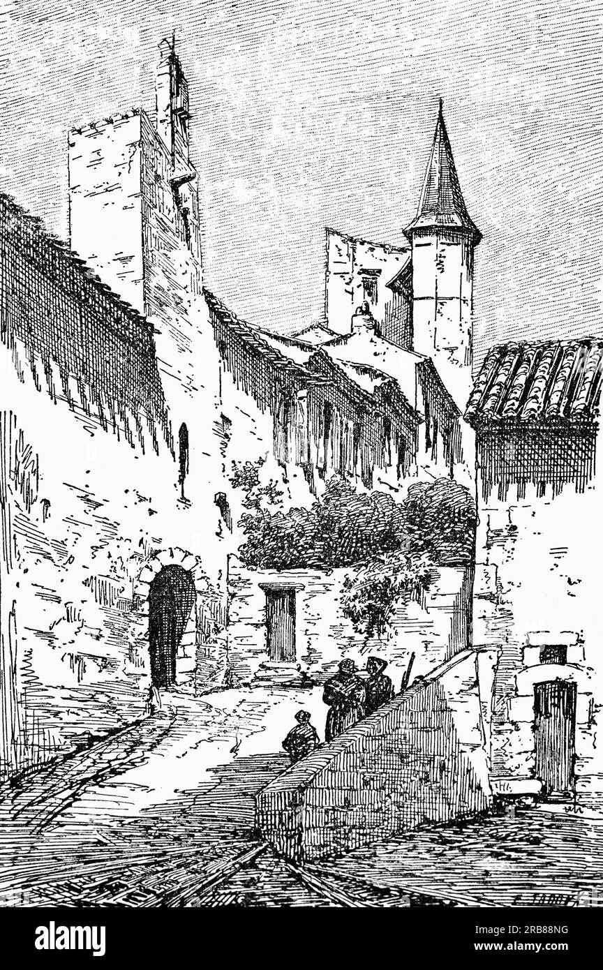 Un'illustrazione della fine del XIX secolo del castello di Saint-Lizier, un comune del dipartimento di Ariège, nel sud-ovest della Francia, situato sul fiume Salat. Ha una ricca storia; nel 72 a.C. Pompeo, di ritorno dai suoi trionfi in Spagna contro Sertorio, si fermò qui. Foto Stock