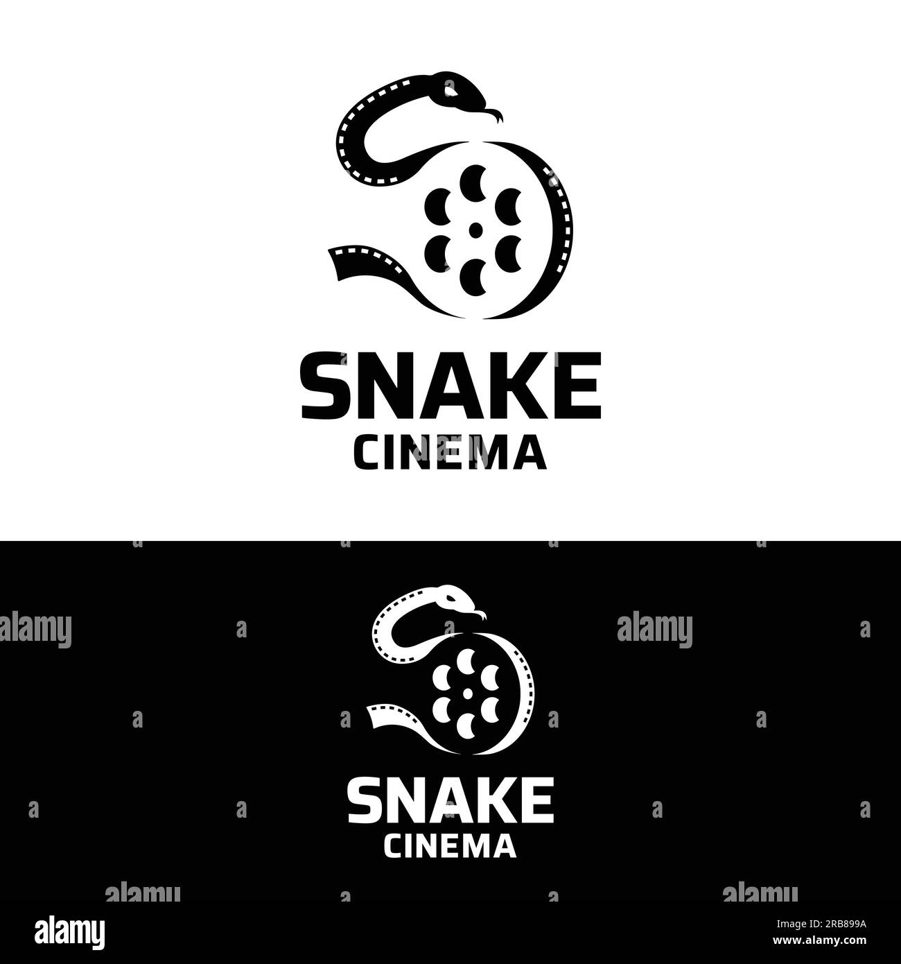 Serpente con strisce di bobina per fotocamera in nero semplice per la cinematografia Video Film Film Production Studio Cinema Theater etichetta industriale Logo Design Illustrazione Vettoriale