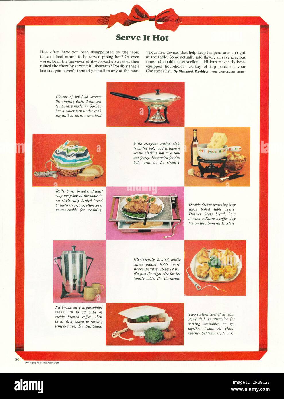 Servire caldo - dispositivi di mantenimento della temperatura, utensili da cucina, articolo pubblicitario su una rivista Journal 1965 Foto Stock