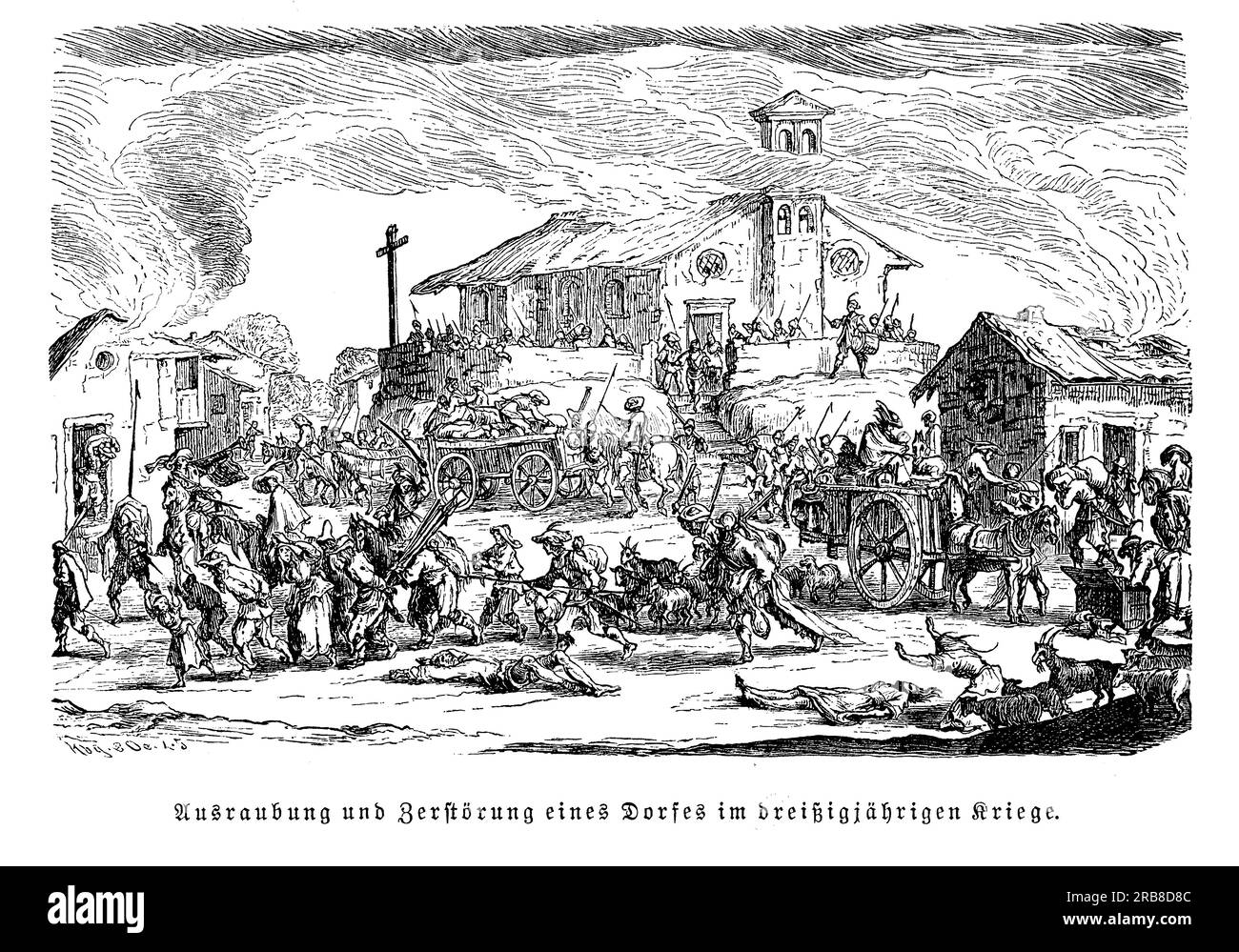 Distruzione di un villaggio nella Guerra dei Trent'anni. La guerra dei trent'anni fu un conflitto che durò dal 1618 al 1648 e coinvolse la maggior parte delle maggiori potenze europee del tempo. Iniziò come una guerra religiosa tra protestanti e cattolici nel Sacro Romano Impero, ma alla fine si evolse in una complessa lotta per il potere e l'influenza in Europa. La guerra fu segnata da una serie di brutali battaglie, assedi e massacri, e causò la morte di milioni di persone. Ha avuto anche un profondo impatto sul panorama politico e sociale dell'Europa Foto Stock