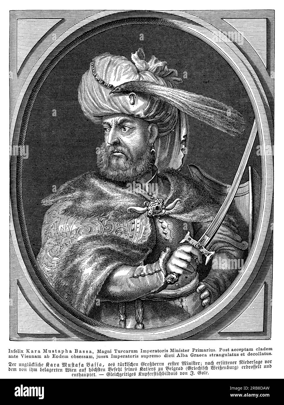 Kara Mustafa Pasha fu un comandante militare ottomano e gran visir che prestò servizio durante il regno del sultano Mehmed IV È meglio conosciuto per la sua leadership durante l'infruttuoso assedio ottomano di Vienna nel 1683, che segnò il punto di svolta nell'espansione dell'Impero ottomano in Europa. Nonostante avesse un grande esercito, Kara Mustafa non fu in grado di oltrepassare le mura di Vienna e fu infine sconfitto da una forza combinata di truppe austriache, tedesche e polacche guidate dal re Jan III Sobieski. Come risultato del suo fallimento, Kara Mustafa fu giustiziato dal sultano e accusato della sconfitta. L'assedio di vi Foto Stock