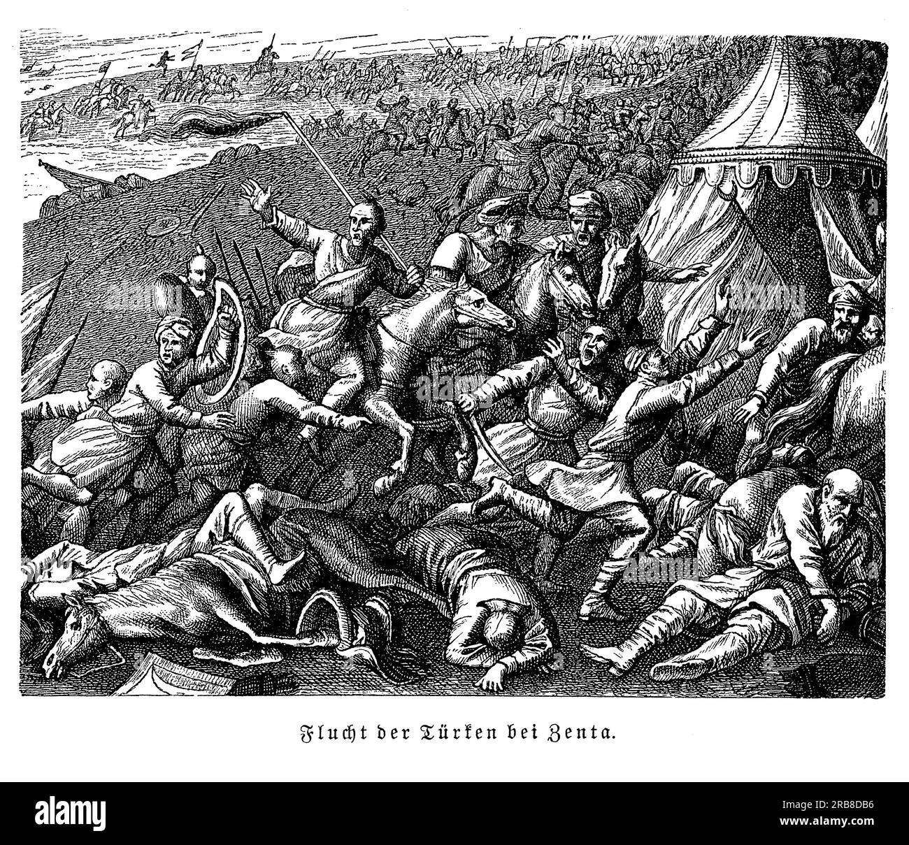 La battaglia di Zenta, nota anche come battaglia di Senta, fu una vittoria decisiva per l'Impero austriaco contro l'Impero ottomano nel 1697. La battaglia ebbe luogo nei pressi della città di Zenta, nell'attuale Serbia, e segnò la fine della grande guerra turca. L'esercito austriaco, sotto il comando del principe Eugenio di Savoia, sconfisse una forza ottomana molto più grande e costrinse l'Impero ottomano a firmare il Trattato di Karlowitz nel 1699, che pose fine all'espansione dell'Impero ottomano in Europa. La battaglia di Zenta è considerata una delle più grandi vittorie del principe Eugenio Foto Stock