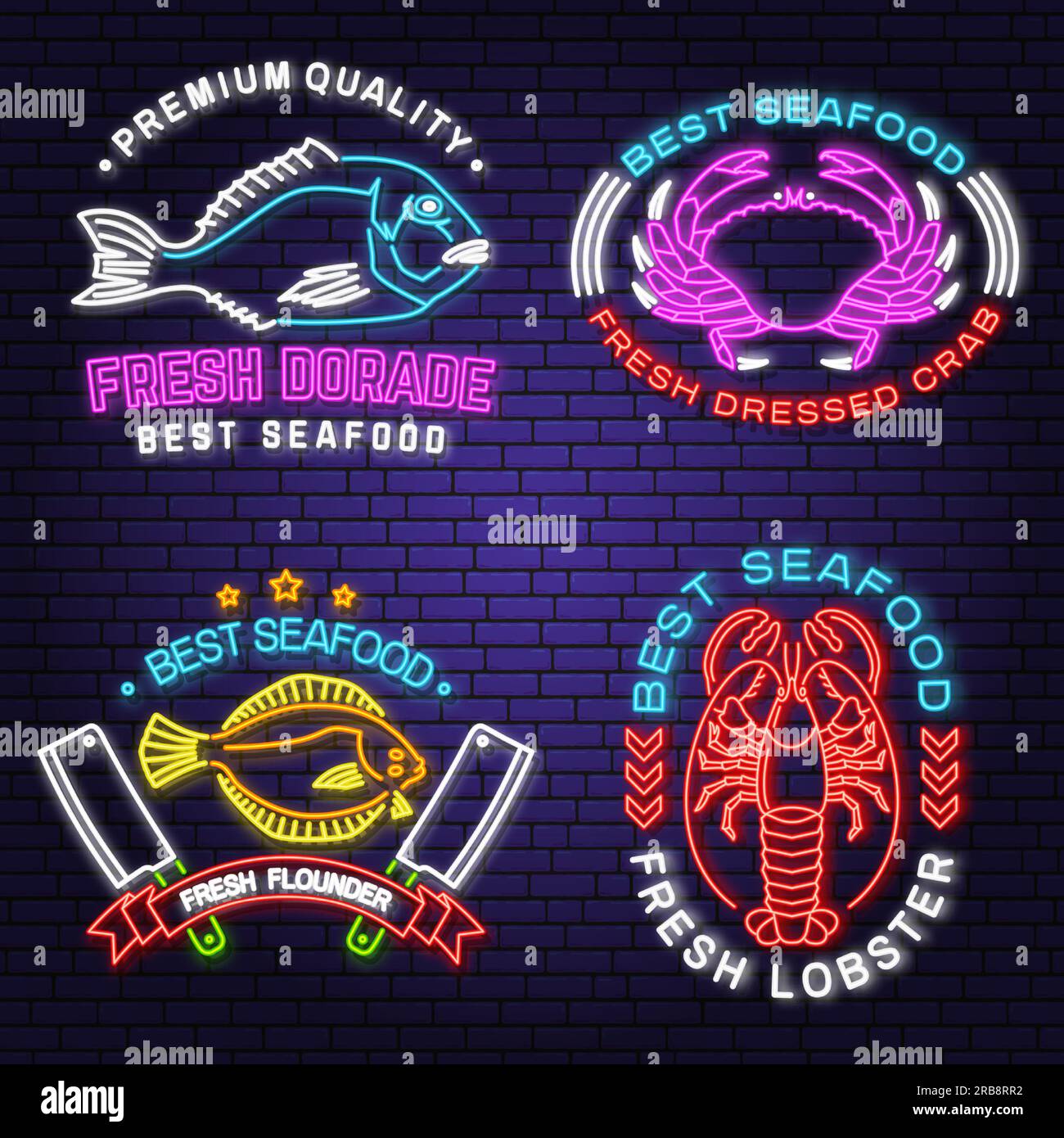 Dorade, aragosta, passera di mare, insegna al neon di granchio. Vettore. Per emblema di pesce, insegna, toppa, camicia, ristoranti con menu, mercati del pesce, negozi. Segno al neon luminoso Illustrazione Vettoriale