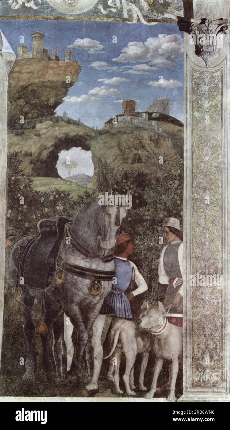 Cavallo e sposo con cani da caccia, dalla camera degli Sposi o dalla camera Picta (dettaglio) 1474 di Andrea Mantegna Foto Stock