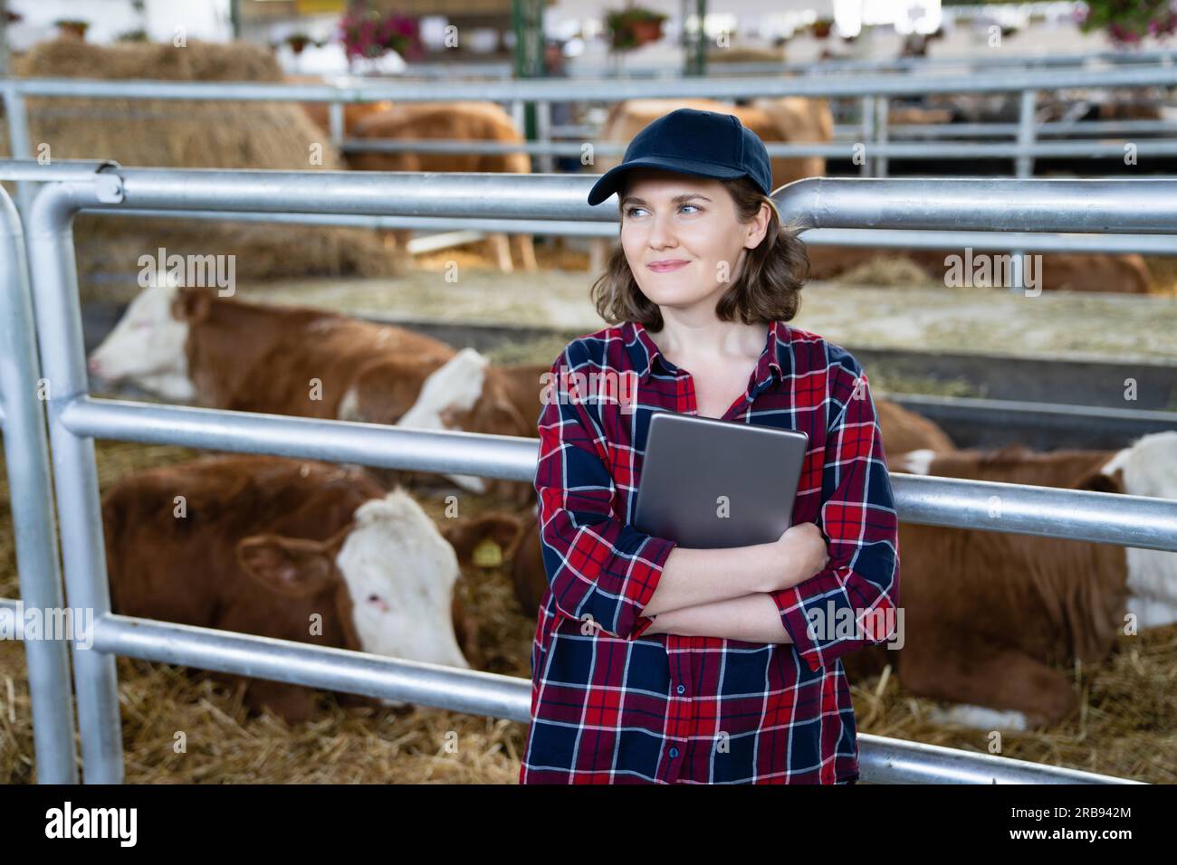 Donna contadina con tablet in una fattoria casearia. Gestione delle mandrie Foto Stock