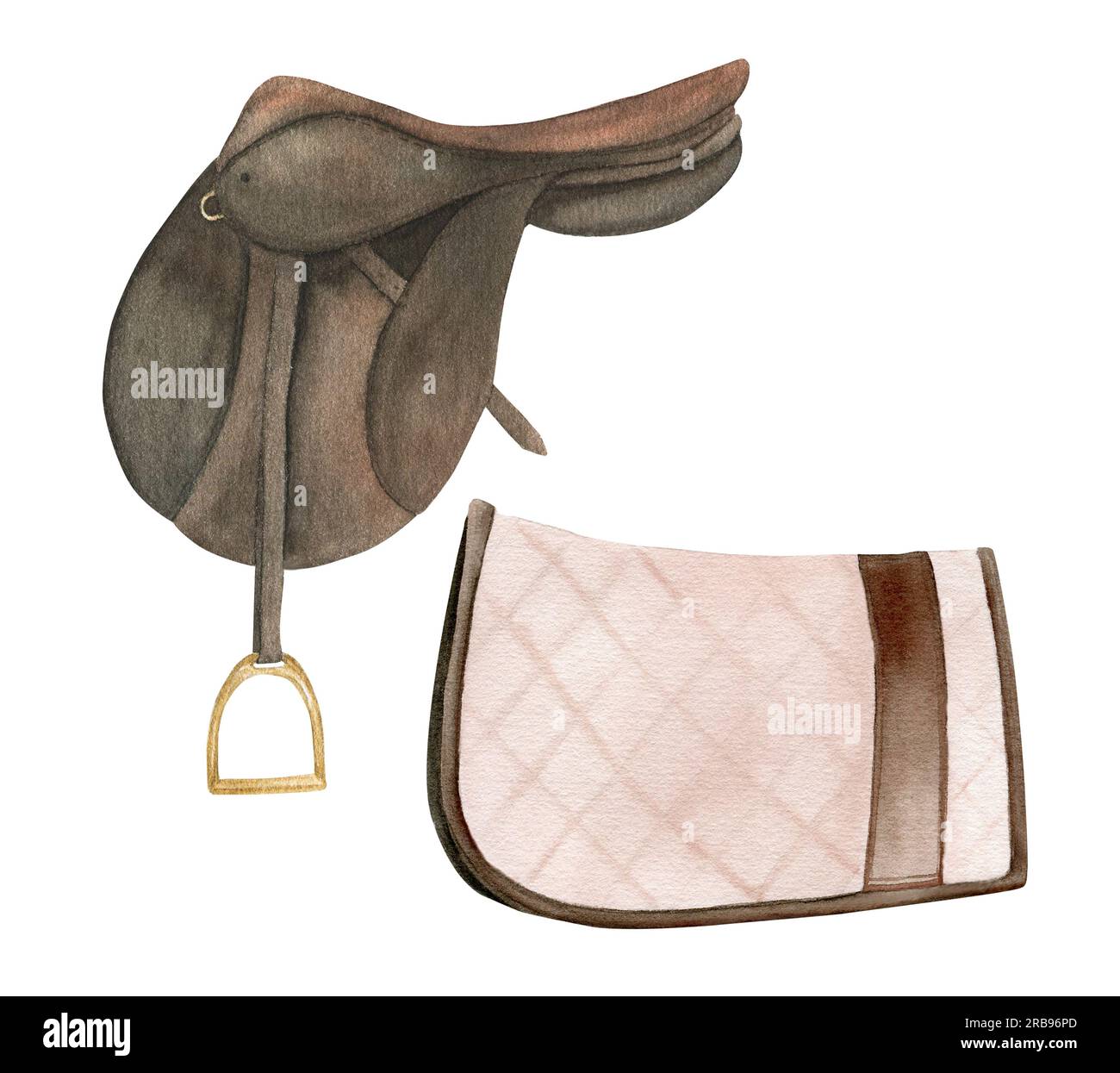 Illustrazione ad acquerello di equipaggiamento equestre sella marrone e sella, munizioni e accessori per l'equitazione. Isolato. Foto Stock
