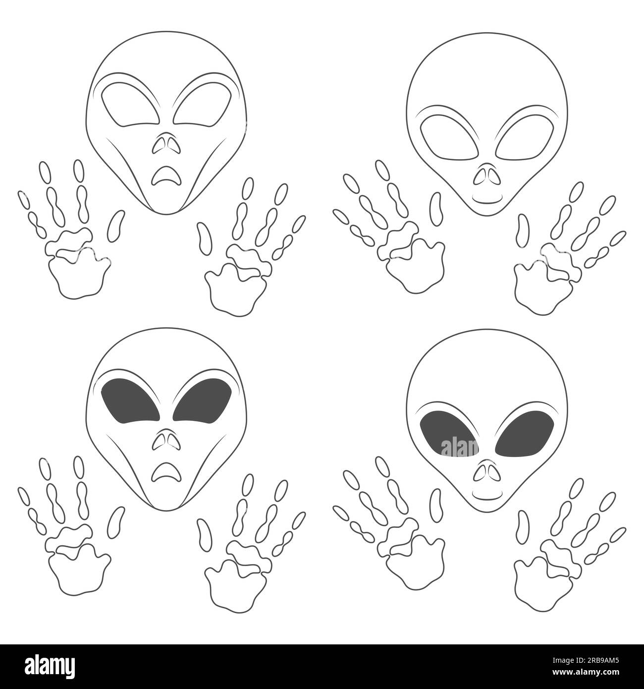 Set di illustrazioni in bianco e nero con faccia e mani aliene. Oggetto vettoriale isolato su sfondo bianco. Illustrazione Vettoriale