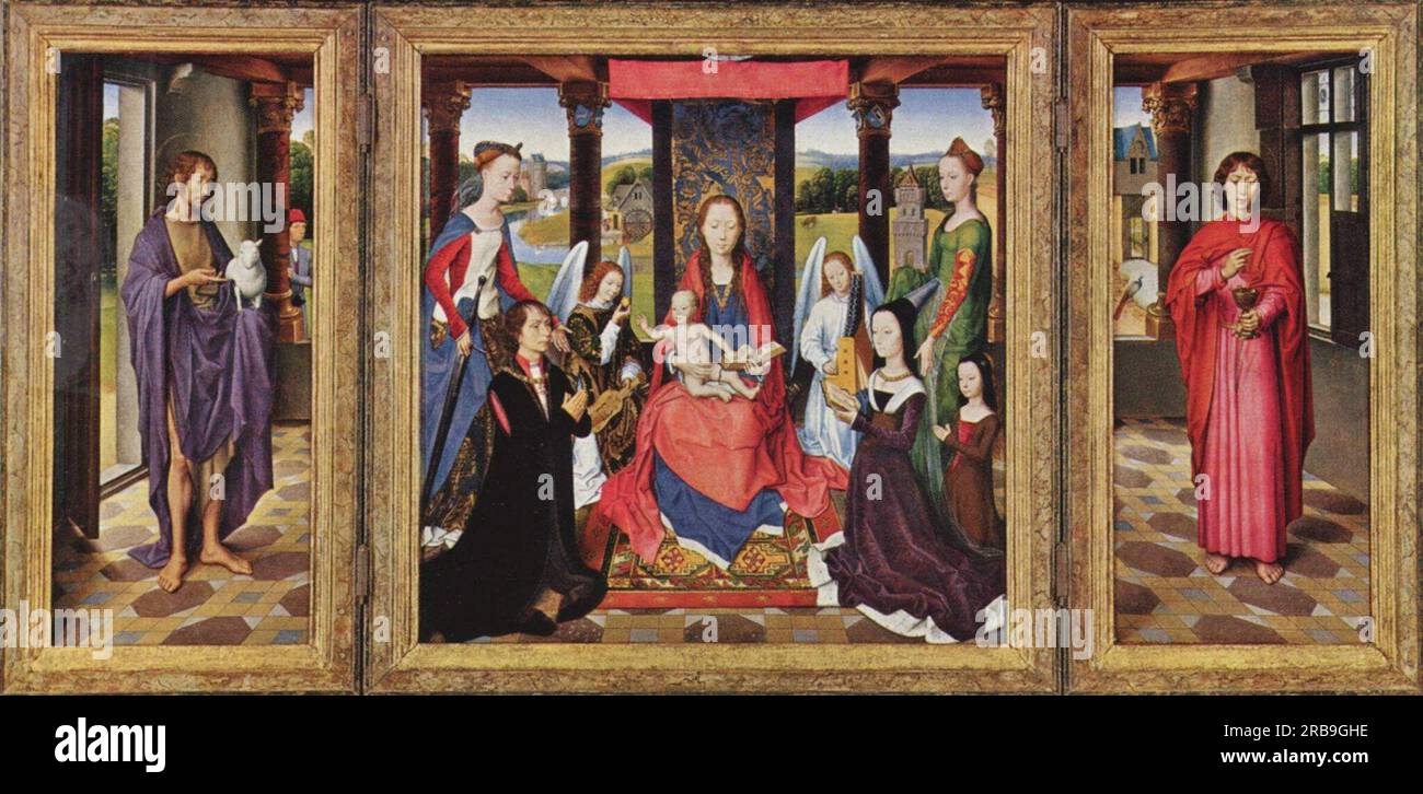 La Vergine e il bambino con santi e donatori (il Trittico delle donne) 1478 di Hans Memling Foto Stock