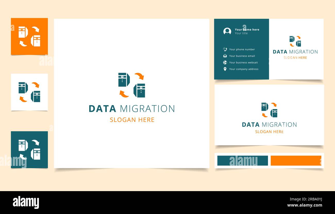 Design del logo per la migrazione dei dati con slogan modificabile. Libro di branding e modello di biglietto da visita. Illustrazione Vettoriale