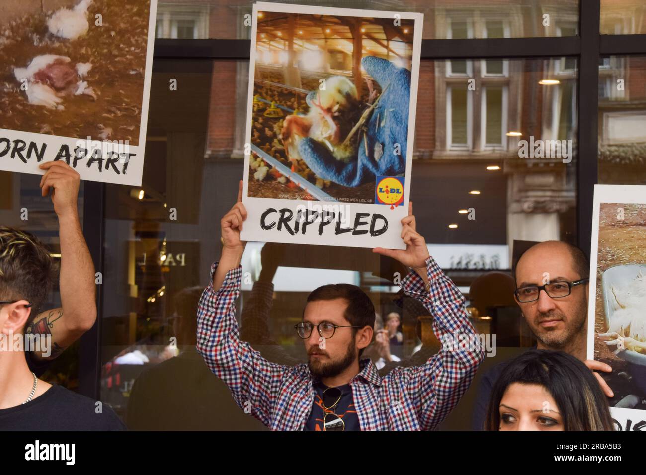 Londra, Regno Unito. 8 luglio 2023. Gli attivisti del gruppo Open Cages hanno organizzato una protesta fuori dal supermercato Lidl su Tottenham Court Road dopo che sono stati rilasciati filmati di estrema crudeltà per i polli girati in una fattoria nel Lincolnshire collegata ai negozi Lidl. Credito: Vuk Valcic/Alamy Live News Foto Stock