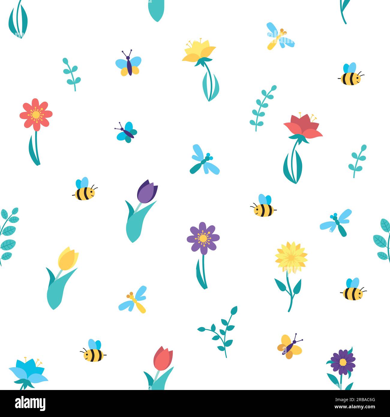 Pattern con fiori primaverili, farfalle, api e libellule. Illustrazione Vettoriale