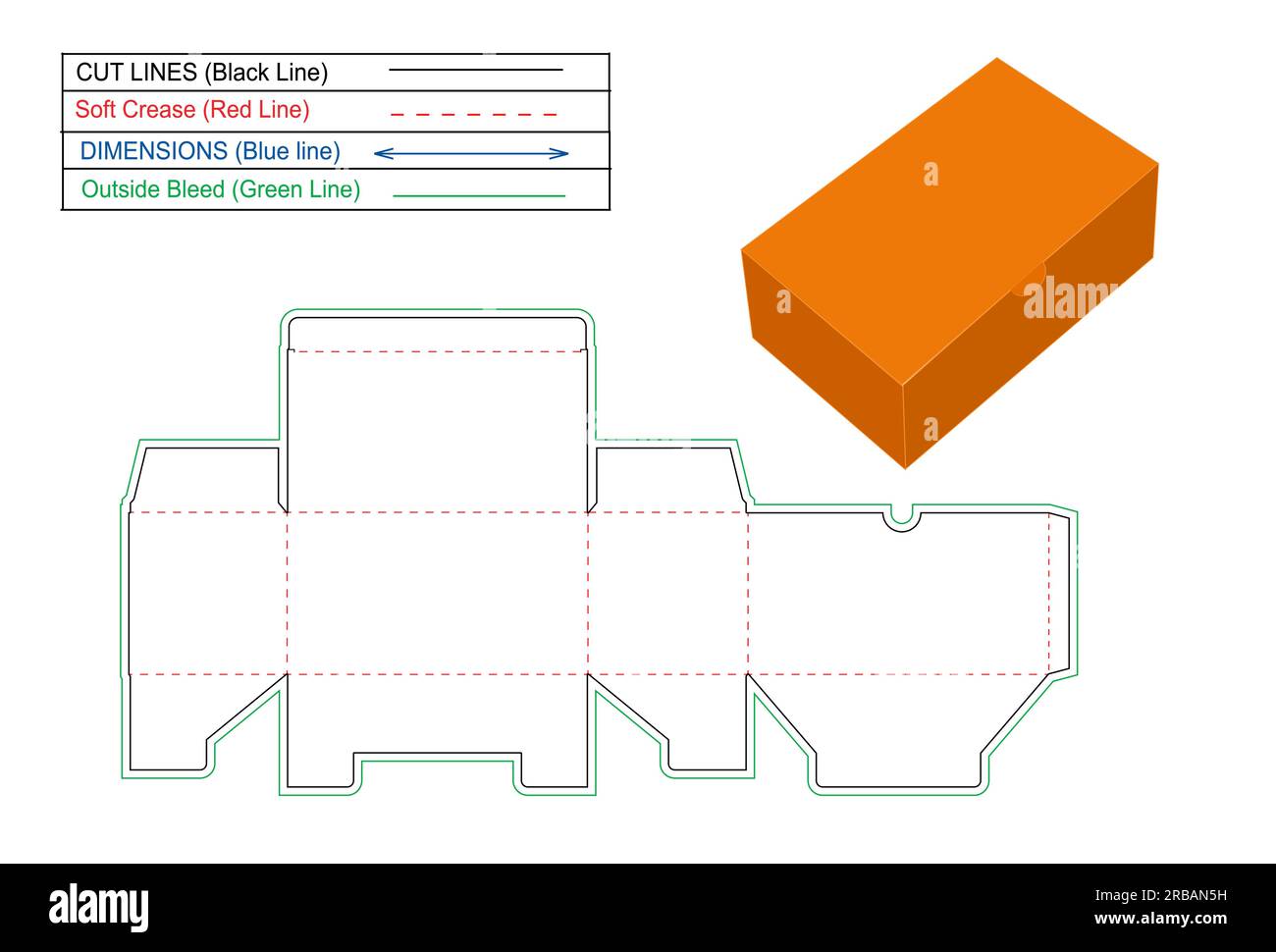 Snap Lock Bottom o Auto Bottom Closer Box con template dieline a nodi di tenuta e casella di rendering 3D vettoriale, casella ridimensionabile Illustrazione Vettoriale