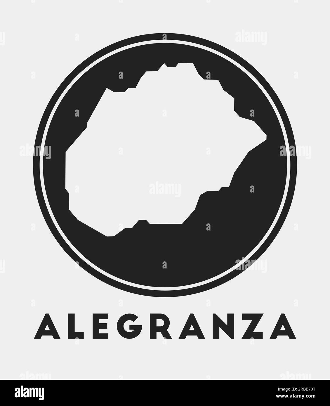 Icona di Alegranza. Logo rotondo con mappa dell'isola e titolo. Elegante badge Alegranza con mappa. Illustrazione vettoriale. Illustrazione Vettoriale