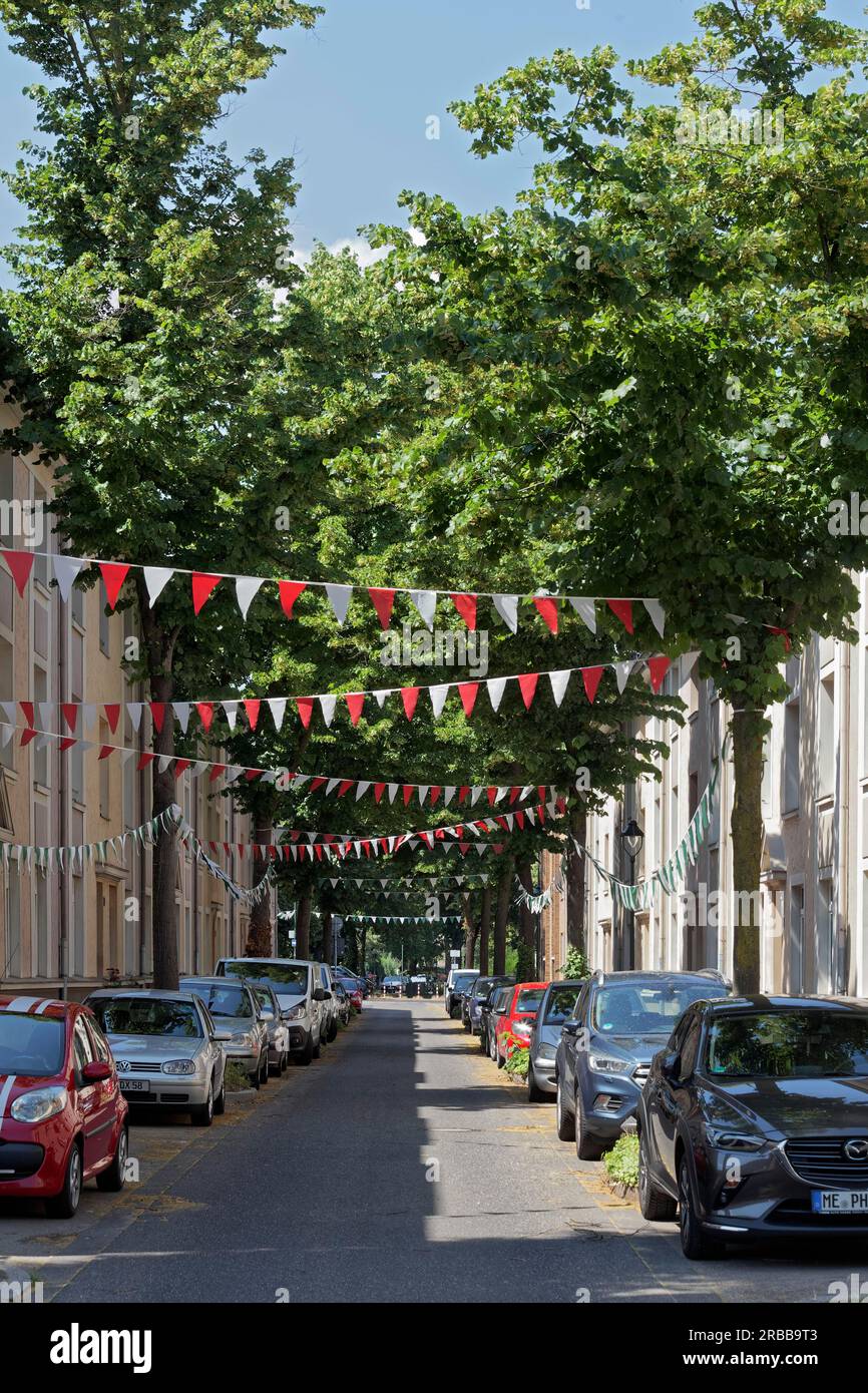 Strada con ghirlande di bandiere, catena di pennant, decorata per feste di strada, auto parcheggiate, alberi verdi di fronte alle case, Duesseldorf, Nord Foto Stock
