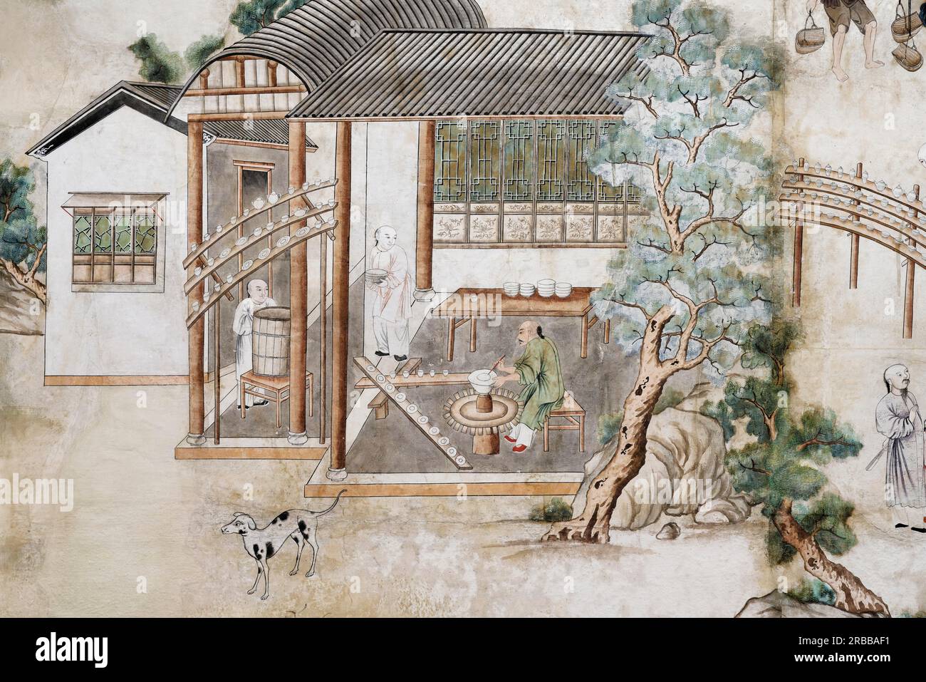Porcellana di fabbricazione cinese, dettaglio della carta da parati cinese della vita artigianale cinese, Chinoiserie, stanza cinese, sala cinese, XVIII secolo Foto Stock