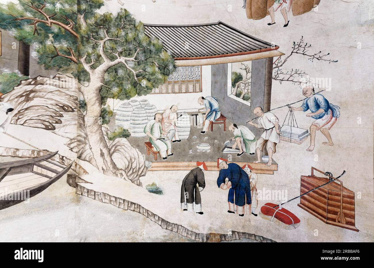 Dettaglio di carta da parati cinese della vita artigianale cinese, Chinoiserie, sala cinese, XVIII secolo, Castello, Castello Govone Foto Stock