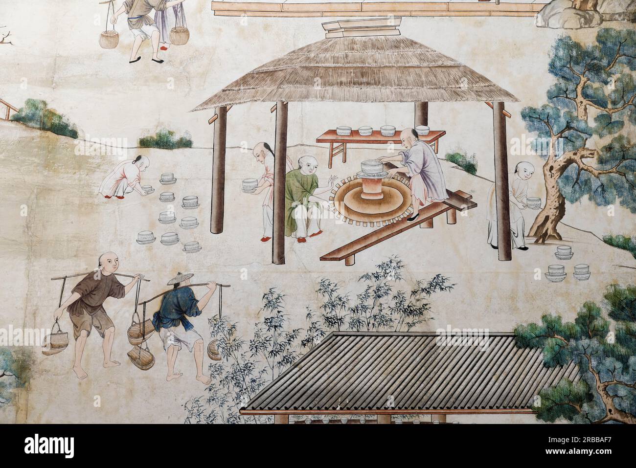 Porcellana di fabbricazione cinese, dettaglio della carta da parati cinese della vita artigianale cinese, Chinoiserie, stanza cinese, sala cinese, XVIII secolo Foto Stock