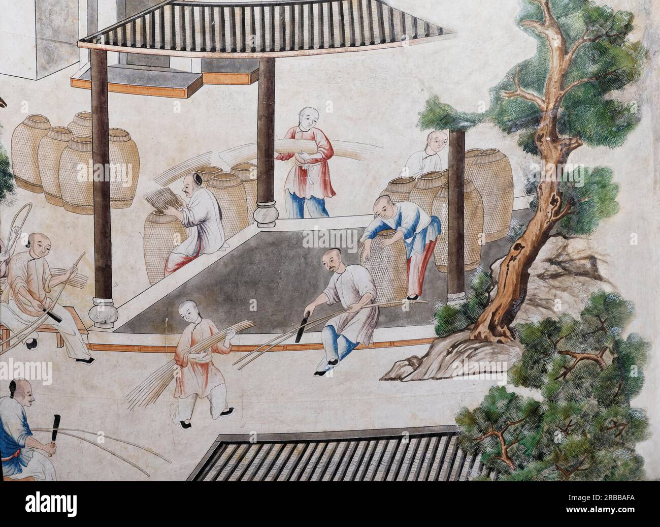 Cestino tessitore, dettaglio di carta da parati cinese della vita artigianale cinese, Chinoiserie, sala cinese, XVIII secolo, Castle Foto Stock