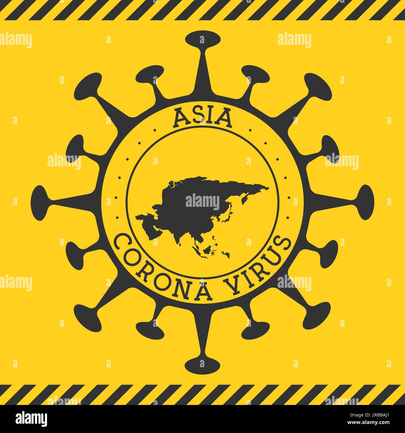 Coronavirus in Asia. Distintivo rotondo con forma di virus e Asia mappa. Timbro di blocco per l'epidemia del continente giallo. Illustrazione vettoriale. Illustrazione Vettoriale