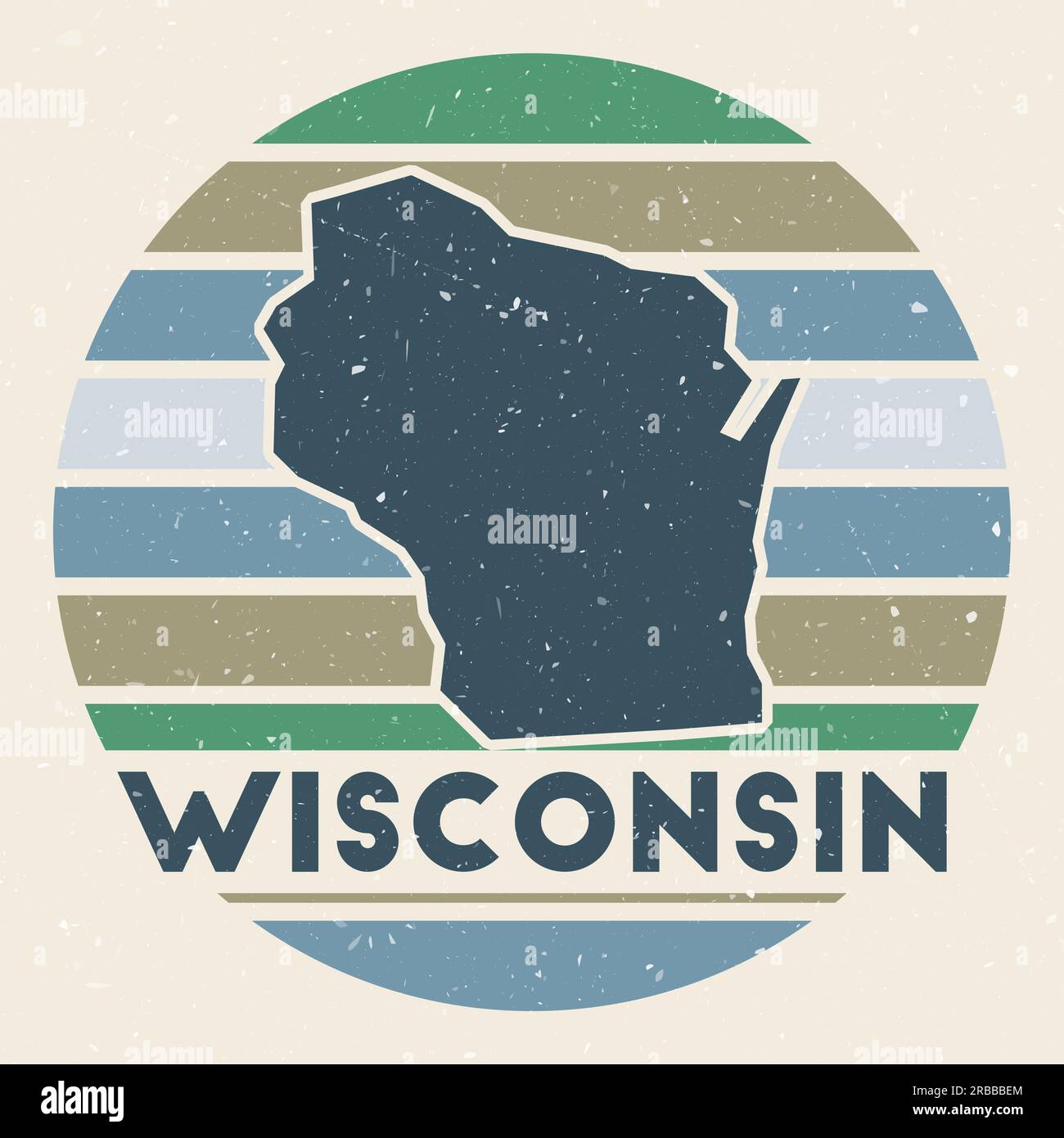 Logo Wisconsin. Firma con la mappa dello stato noi e strisce colorate, illustrazione vettoriale. Può essere utilizzato come insegna, logotipo, etichetta, adesivo o badge di Illustrazione Vettoriale