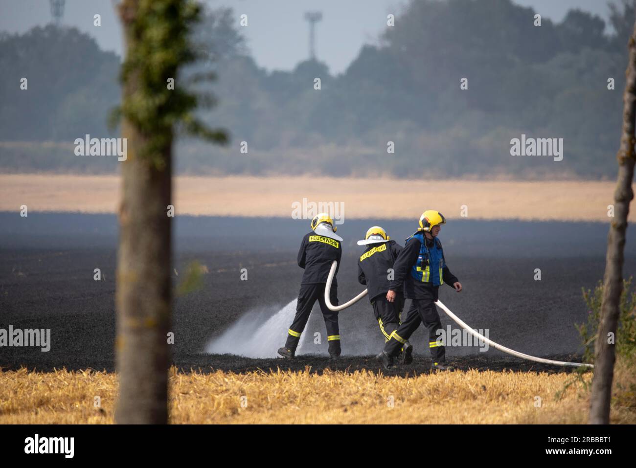 I vigili del fuoco estinguono il fuoco sul campo, Gerwisch, Sassonia-Anhalt, Germania Foto Stock