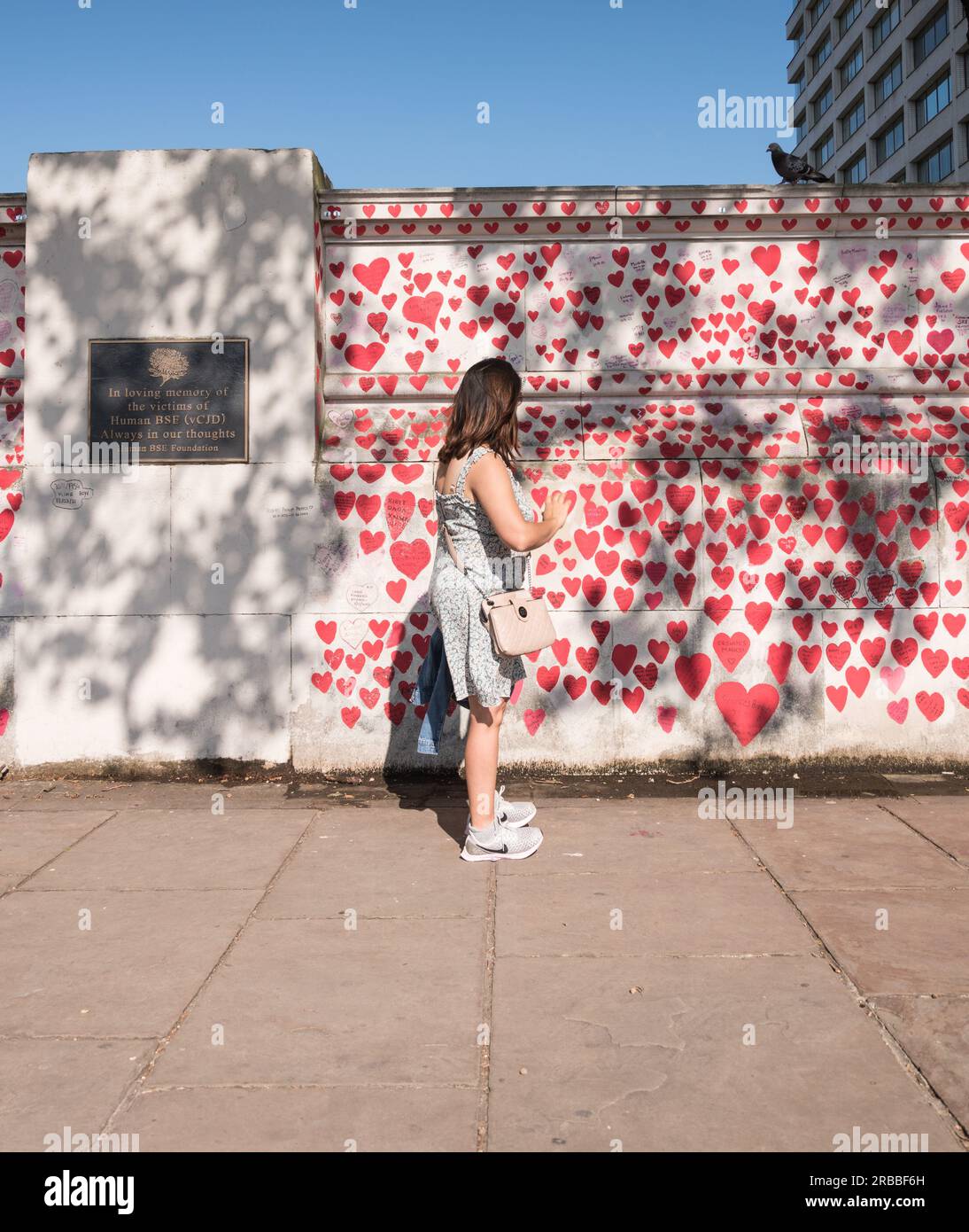 Cuori rossi e rosa sul National Covid Memorial Wall, Londra, Inghilterra, Regno Unito. Foto Stock