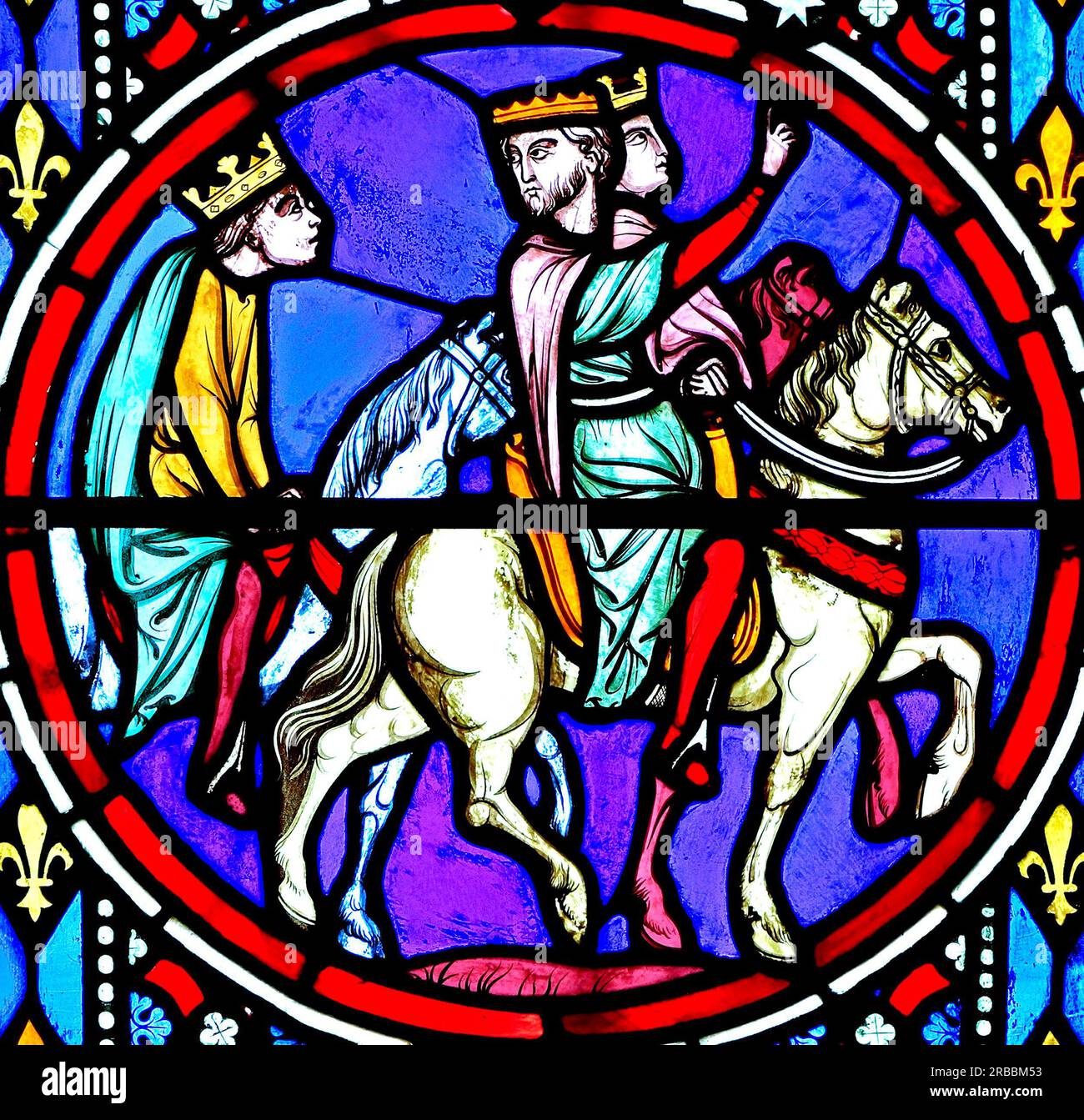 Finestra della Natività, vetrata colorata, di Oudinot di Parigi, 1861, Chiesa di Feltwell, Norfolk, The Magi, 3 tre re, viaggio per visitare Gesù nuovo nato Foto Stock