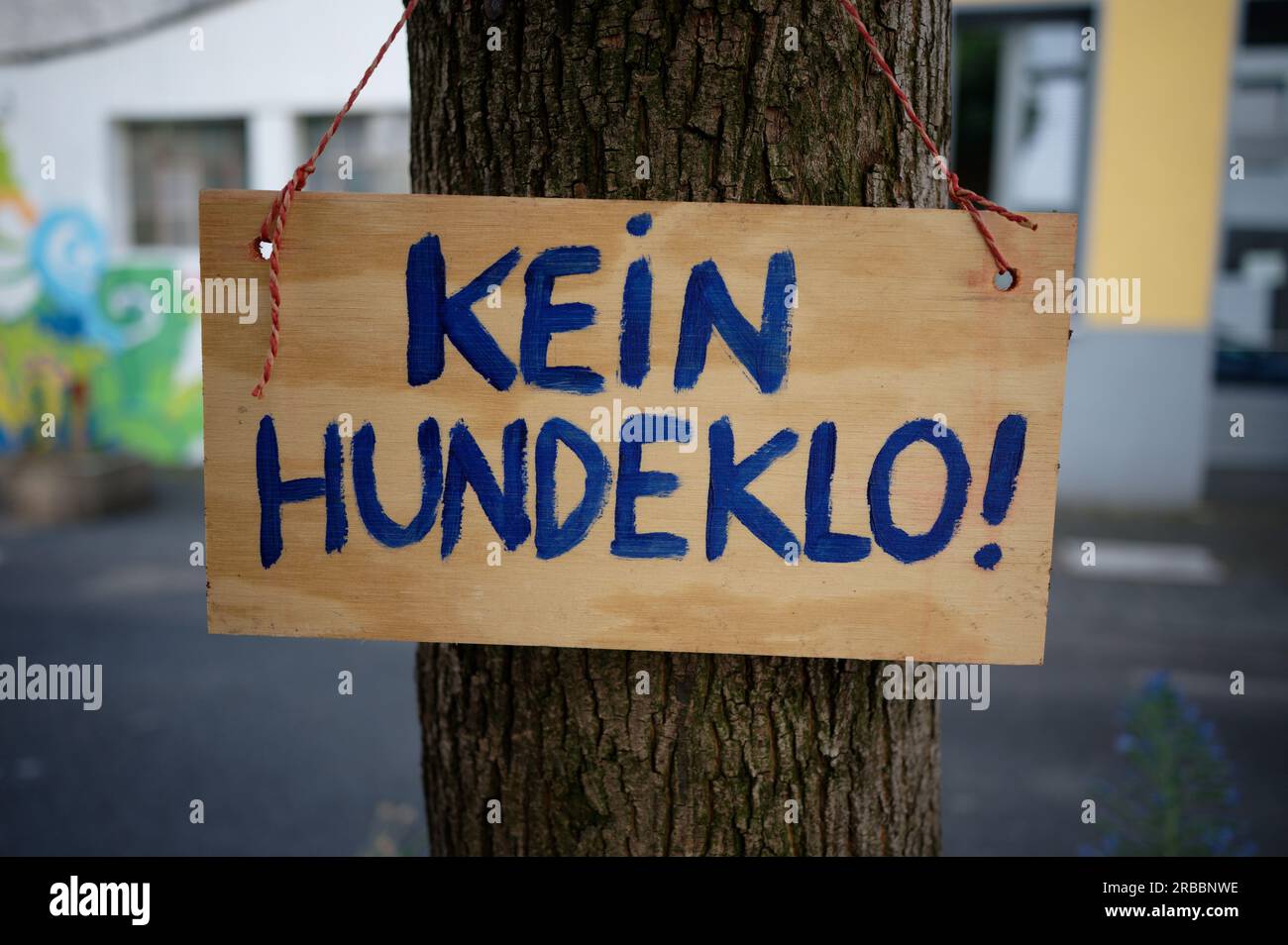 un cartello di legno dipinto a mano con l'iscrizione tedesca - niente gabinetto per cani - pende su un albero in una città Foto Stock