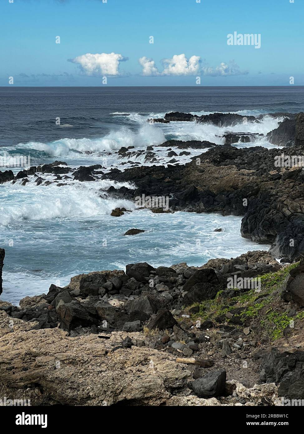 Onde che si infrangono contro la costa lungo la costa di Oahu al Ka'ena Point State Park. Foto Stock