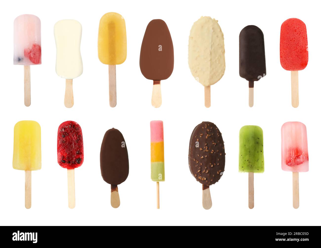 Set di diversi gustosi gelati su sfondo bianco Foto Stock