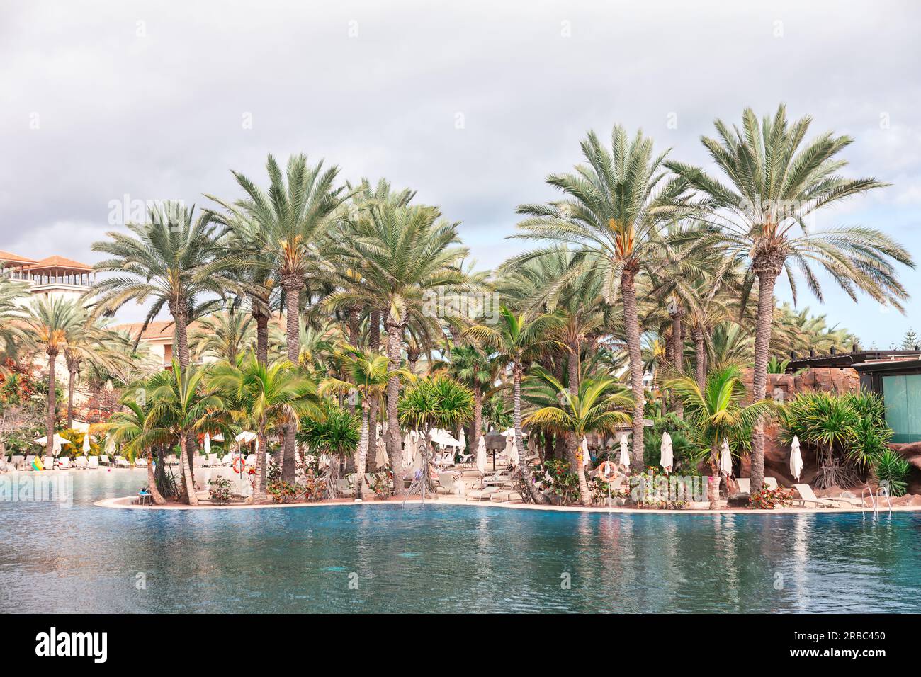 Palme e piscina in un lussuoso hotel resort sull'isola tropicale Foto Stock