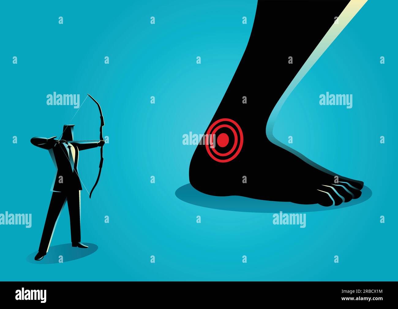 Business Concept vettore illustrazione di uomo d'affari come un arciere che punta il tallone del piede gigante, idioma per il tallone d'Achille, un punto debole o colpa in qualcuno Illustrazione Vettoriale