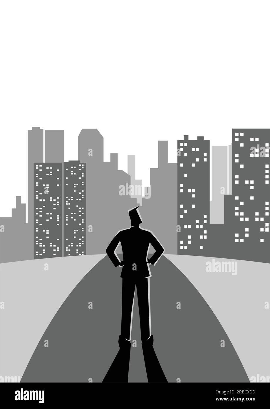 Illustrazione vettoriale del concetto di business di un uomo in piedi sul strada guardando i grattacieli Illustrazione Vettoriale
