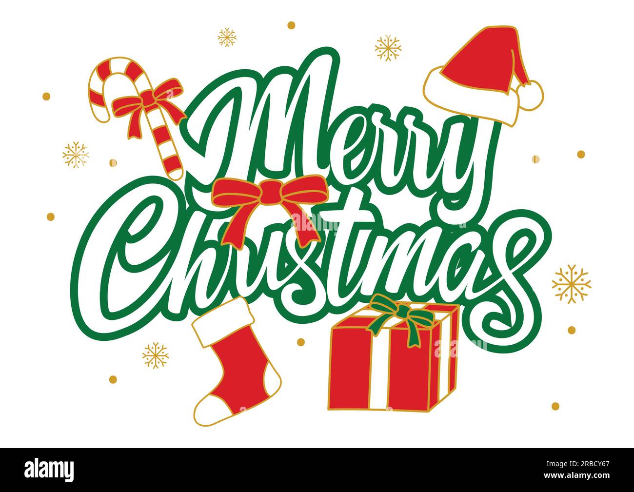 Allegro testo di Natale con decorazione di Natale isolato su bianco Illustrazione Vettoriale