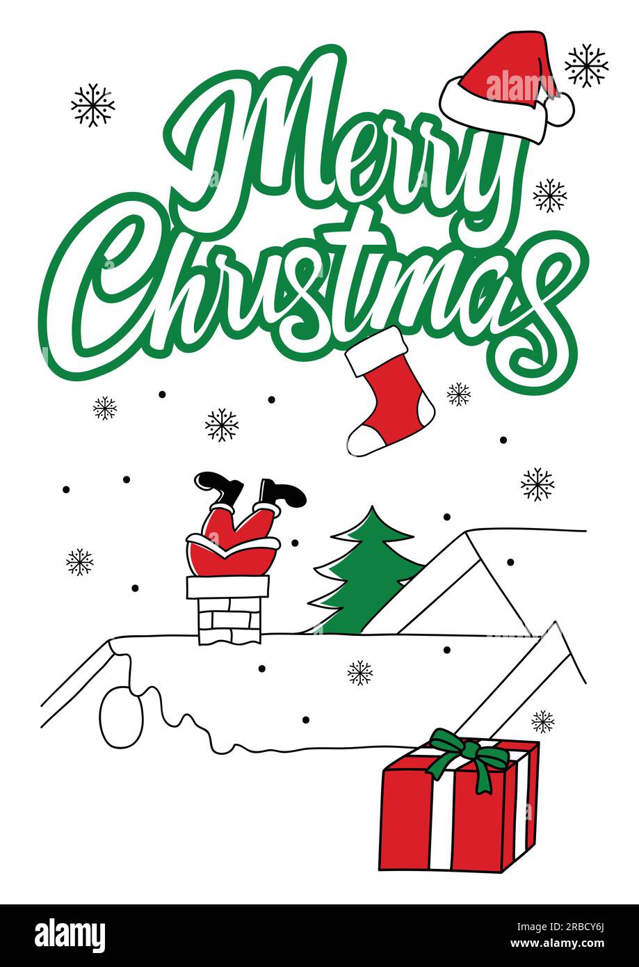 Allegro testo di Natale con decorazione cartone animato di Natale isolato su bianco Illustrazione Vettoriale