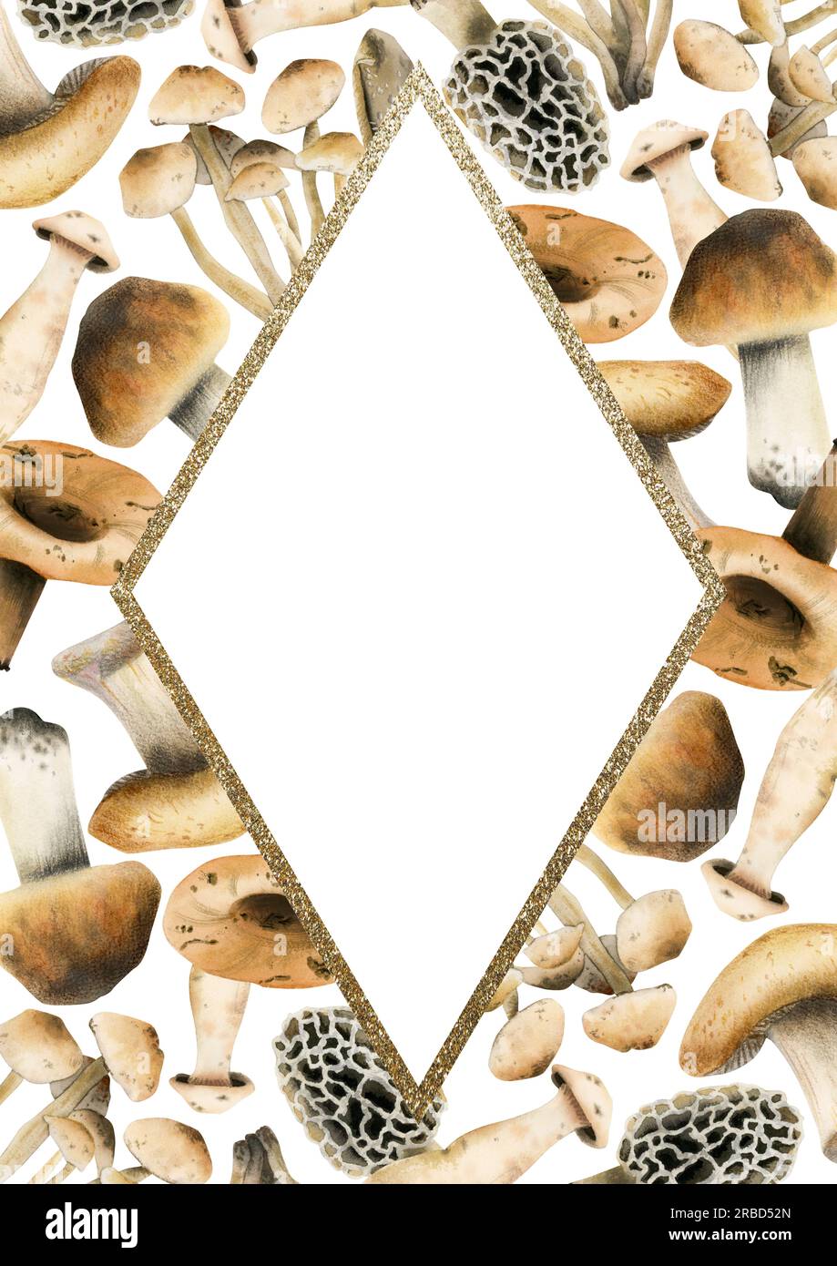 Struttura rettangolare verticale con funghi acquerello e illustrazione rombo dorata. Modello di banner Boletus Foto Stock
