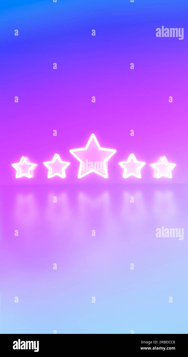 Valutazione utente a 5 stelle stile luce al neon per feedback o sondaggi su sfondo con gradiente viola. Foto Stock