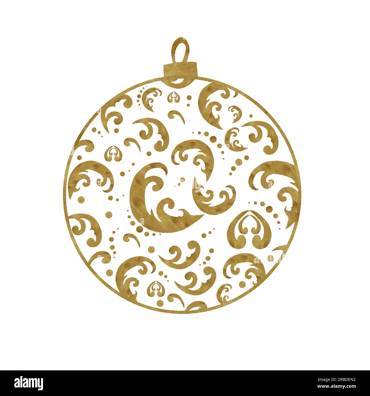 Palla ad acquerello disegnata a mano sull'albero di natale. Giocattolo in pizzo con texture dorata da decorare. Due opzioni: Su sfondo bianco e trasparente Foto Stock