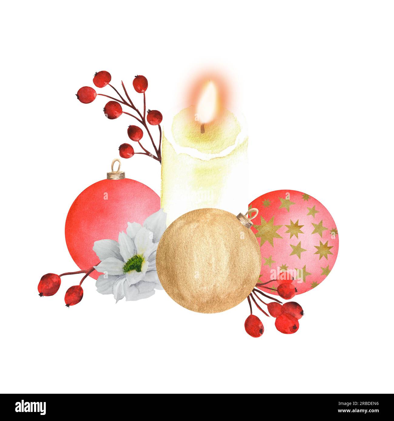 Illustrazione ad acquerello disegnata a mano. Decorazione invernale con palle di vetro, bacche rosse e candela illuminata. Due opzioni: Su sfondo bianco e trasparente Foto Stock